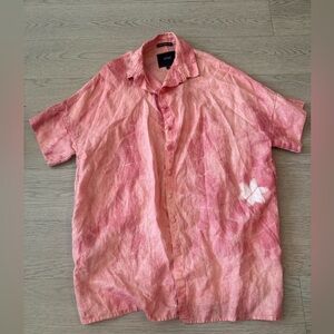 Modern Shibori Tie Dyed Button Down Short Sleeve Linen Shirt Size 1X